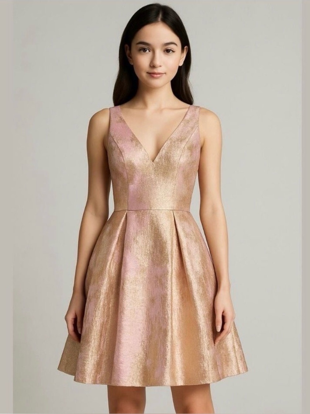 Minuet pink metallic gold Vneck fit and flare lined special occasion dress XS